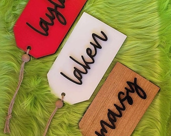 stocking name tag, wood gift tag, beaded wood stocking name tag, holiday tags, personalized tag, custom stocking tag, large tag 6 x 3.5 inch