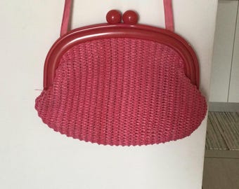 Vintage 70s Crochet Raffia Red Clutch Purse Shoulder Strap, Made In Hong Kong