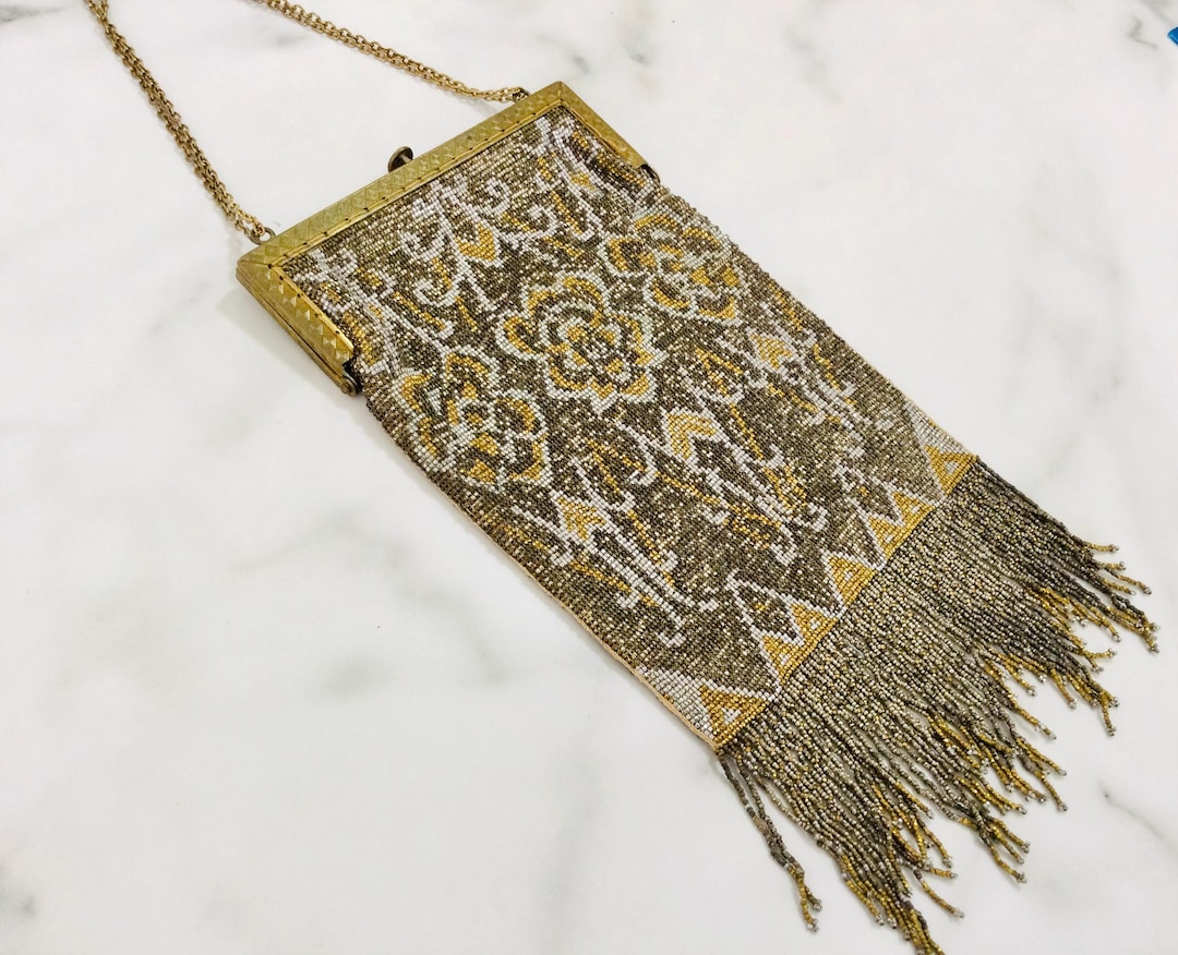 Antique Metal Beaded Evening Bag, Geometric Art Deco Purse, Made in ...