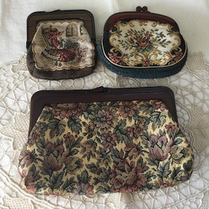 Set of 3 Tapestry  Purses/Vintage 1960’s Tapestry/ Petit Point Clutch Evening Bag Brown Lucite Type Frame+ 2 Tapestry Coin Purses Hong Kong