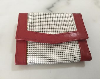 Cartera vintage Glomesh roja y blanca para mujer, rara, de piel auténtica, 9 cm x 12 cm, en buen estado vintage.