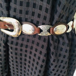 Vintage Western Leather Belt Silver Concho Buckle Boho Cowgirl Western Concho Belt for Women, Boho Concho Waist Chain  main image 4