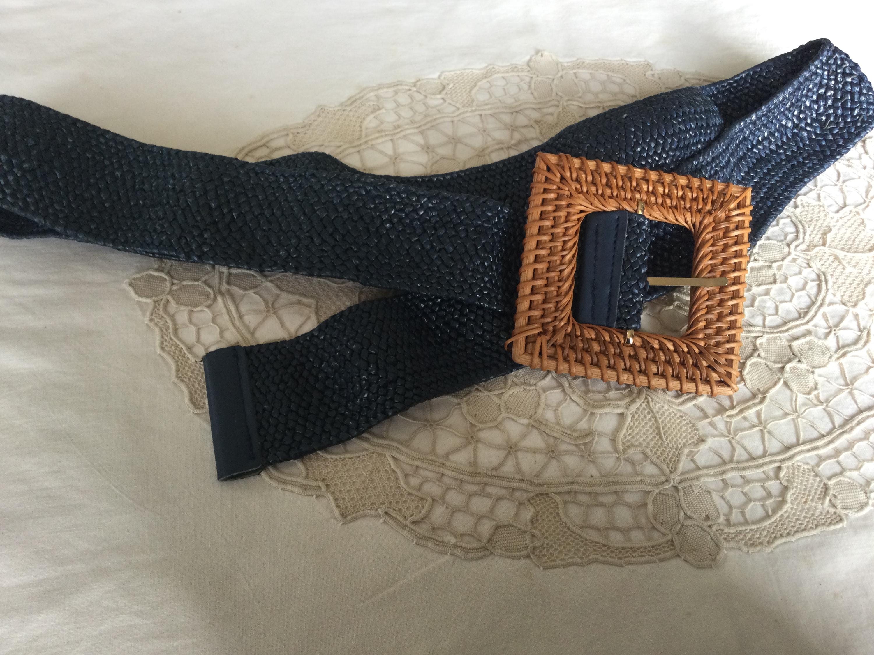 Vintage Shell Blue Belt Rattan Straw Clam Buckle Vintage Rattan Belt - Etsy main image 2