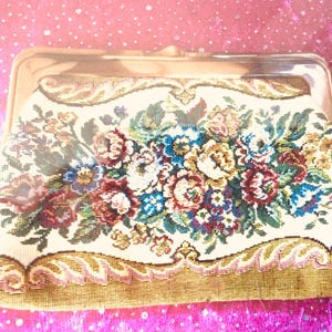 Vintage 1960’s Tapestry/ Petit Point Clutch Evening Bag Brown Lucite Type Frame Made in Hong Kong
