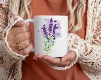 Watercolor Lavender Flowers Ceramic Mug, Floral Tea Cup, Coffee Mug, Purple Botanical Drinkware, Gift for Gardeners, Kitchen Decor