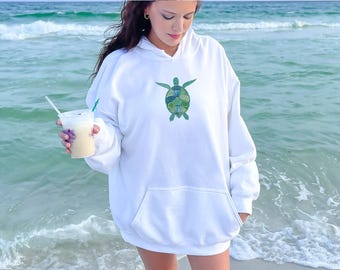 Sea Turtle Hoodie, Turtle Sweatshirt, Sea Creature Hooded Jumper, Beach Vibes, Ocean Lover Gift, Nautical Pullover, Marine Animal