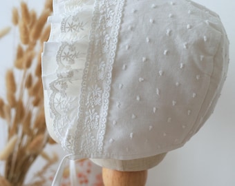 Ivory Baby Bonnet with Lace Ruffle - Organic Cotton Christening Bonnet - Heirloom Baptism Hat for Girls - Handmade Baby Girl Bonnet