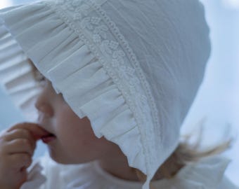 Elegant Organic Cotton Baby Bonnet with Handmade Lace - Perfect for Baptisms and Special Occasions