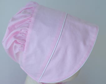Handmade Pink Baby Bonnet – Organic Cotton Pioneer Hat with Ruffle Back | Toddler Girl Easter Bonnet | Vintage Inspired Baby Sun Hat