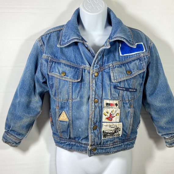 Vintage 1980's London Fog Distressed Denim Jacket Letterman Patches Down Filled Size Small