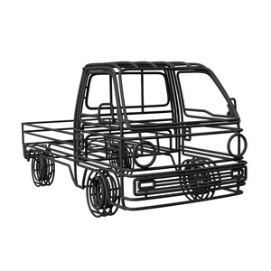 May include: Black wireframe pickup truck sculpture. The sculpture features a detailed design of a classic pickup truck, including the cab, bed, wheels, and headlights. The black color gives it a modern and minimalist look.