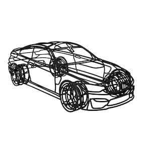 May include: Black wireframe sculpture of a car. The artwork depicts the car's outline, including the wheels, windows, and body, against a white background. The wheels have a detailed, circular design.