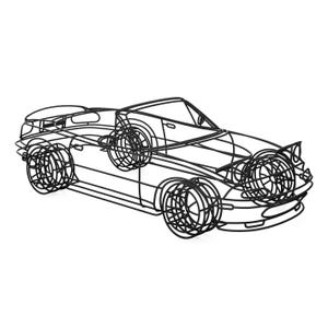 May include: Black wireframe sculpture of a convertible car. The car features detailed wire wheels and a sleek, open-top design. The sculpture is set against a white background.