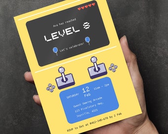 Editable Arcade Invitation Digital Download Retro Game Party Invite Customisable Video Game Birthday Invite Printable Game Template Yellow