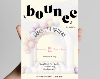 White Bounce House Birthday Invitation Yellow Pink Pastel Party Invite for Kids Jumping Castle Invite with Balloons for Fun Childrens Bday