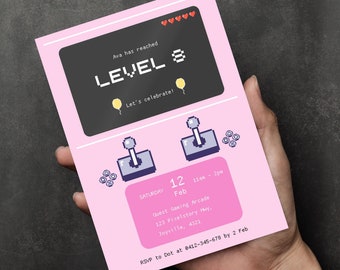 Editable Arcade Invitation Digital Download Retro Game Party Invite Customisable Video Game Birthday Invitation Printable Game Template Pink