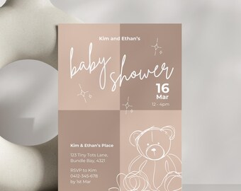 Invitación digital neutra para baby shower con osito de peluche para fiesta de revelación de género, plantilla minimalista de género neutro, beige, gris pardo, moca.