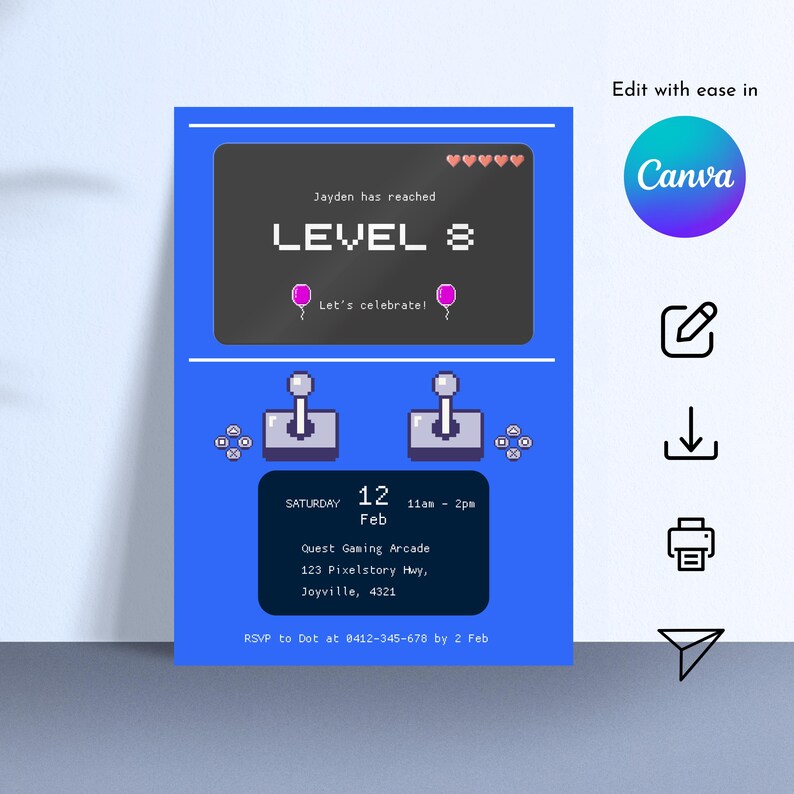 Editable digital arcade birthday invitation template in Canva with customizable text and retro video game graphics