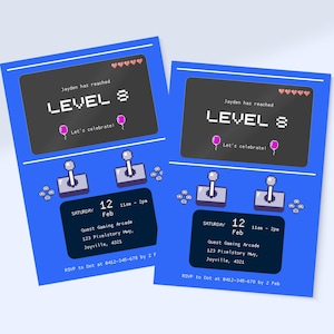 Printed arcade game birthday invitation with blue arcade machine design and retro game elements, perfect for kids' parties