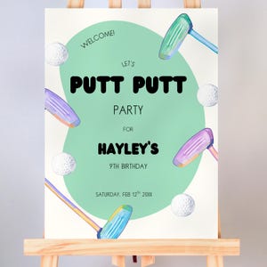 Editable Welcome Sign for Golf Party Décor Green Template with Putters Sign for Easel or Frame at Mini Golf Themed Event for Kids and Adults