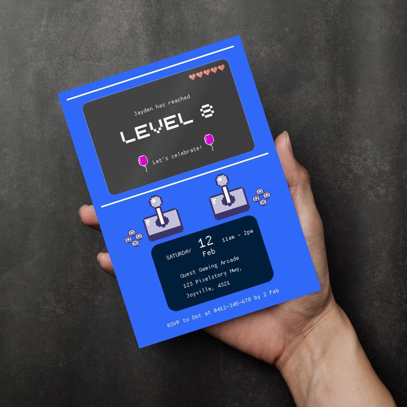 Printed arcade game birthday invitation with blue arcade machine design and retro game elements, perfect for kids' parties