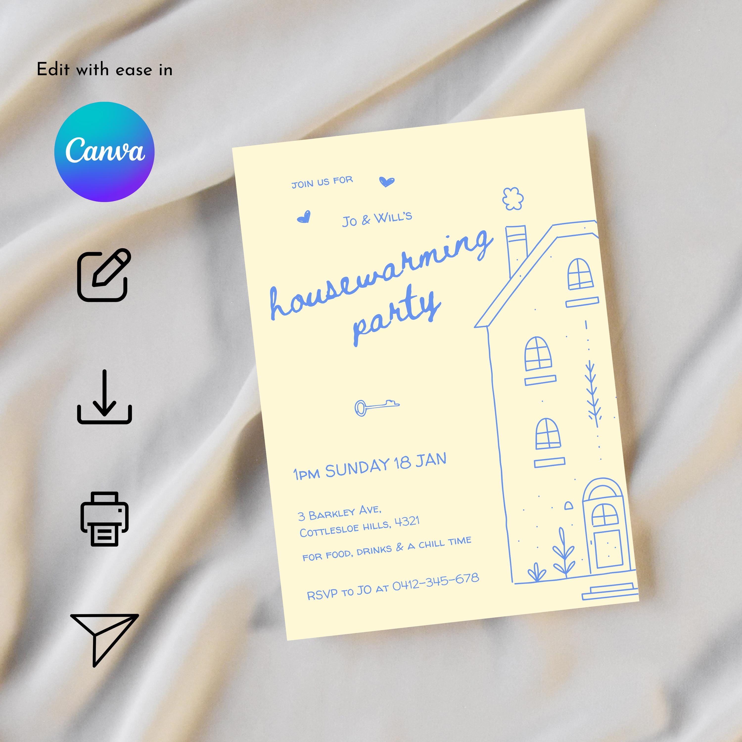 Editable Housewarming Invitation Digital Template Whimsical Hand Drawn ...