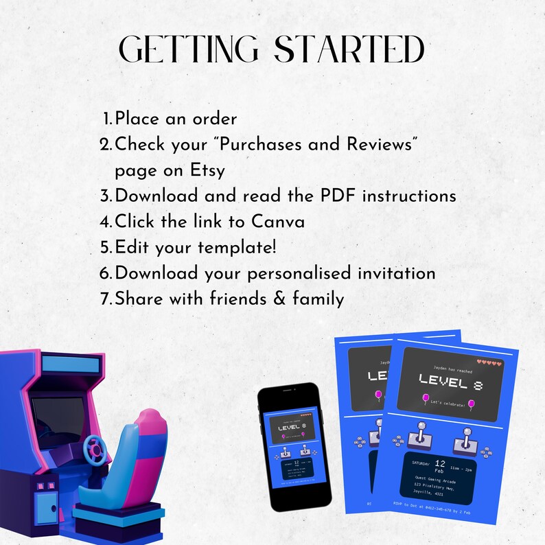 May include: A blue and pink arcade-style invitation template with the text "LEVEL 8" on a blue screen. The template is designed for a birthday party and includes a joystick and buttons. The text "GETTING STARTED" is at the top of the image, followed by a list of instructions for using the template.