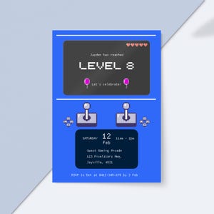 Printed arcade game birthday invitation with blue arcade machine design and retro game elements, perfect for kids' parties