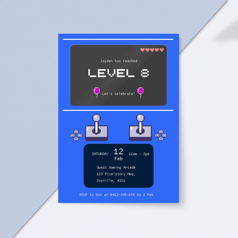 Printed arcade game birthday invitation with blue arcade machine design and retro game elements, perfect for kids' parties