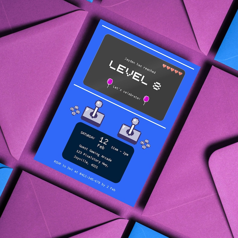 Printed arcade game birthday invitation with blue arcade machine design and retro game elements, perfect for kids' parties