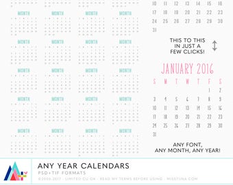 Any Year Calendar Digital Templates - Perpetual Calendars - instant download - limited commercial use ok