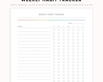 Weekly Habit Tracker - Minimal Pastel Rainbow + Black & White Digital PDF Printables | Customizable Templates for Personal + Commercial Use