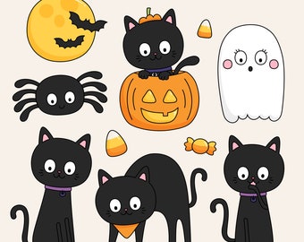 Meow or Treat Digital Clipart Clip Art Illustrations - limited commercial use ok - cute black cats halloween pumpkin spider ghost