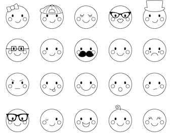 May include: A set of 20 black and white line drawings of various facial expressions. Each face is a circle with different features such as eyes, eyebrows, mouth, nose, and hair.