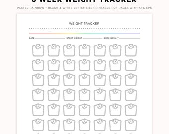 8 Week Weight Tracker - Minimal Pastel Rainbow + Black & White Digital PDF Printables | Customizable Templates for Personal + Commercial Use