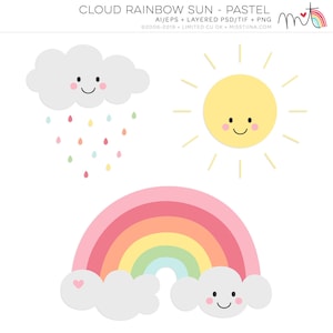 Pastel Nuvem Arco-Íris Sol Digital Clipart Clip Art Ilustrações uso comercial limitado ok + versões coloridas