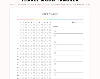 Yearly Mood Tracker - Minimal Pastel Rainbow + Black & White Digital PDF Printables | Customizable Templates for Personal + Commercial Use