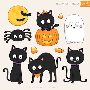 Miau ou guloseima Digital Clipart Clip Art Ilustrações - uso comercial limitado ok - gatos pretos fofos halloween abóbora aranha fantasma