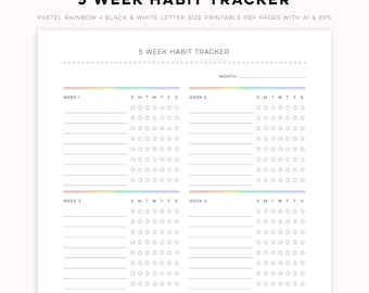 5 Week Habit Tracker - Minimal Pastel Rainbow + Black & White Digital PDF Printables | Customizable Templates - Personal + Commercial Use