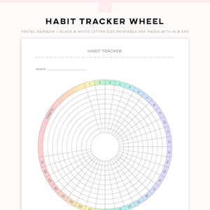 May include: A printable habit tracker wheel with a pastel rainbow color scheme. The wheel is divided into 31 sections, with each section representing a day of the month. There are 28 spaces for habits to be tracked. The wheel is surrounded by a white border and the text "Habit Tracker Wheel" is at the top of the page.