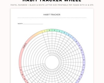 Habit Tracker Wheel - Minimal Pastel Rainbow + Black & White Digital PDF Printables | Customizable Templates for Personal + Commercial Use