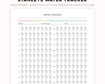 Stanley Water Tracker - Minimal Pastel Rainbow + Black & White Digital PDF Printables | Customizable Templates for Personal + Commercial Use