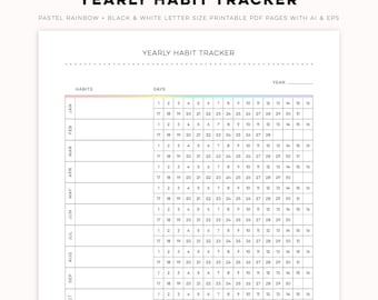 Yearly Habit Tracker - Minimal Pastel Rainbow + Black & White Digital PDF Printables | Customizable Templates for Personal + Commercial Use