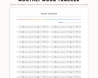 Monthly Mood Tracker - Minimal Pastel Rainbow + Black & White Digital PDF Printables | Customizable Templates for Personal + Commercial Use