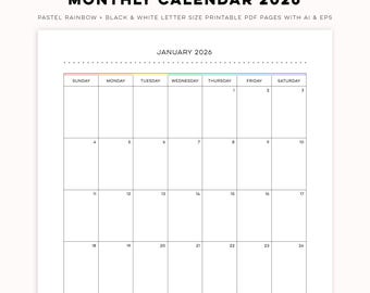 2026 Monthly - Minimal Pastel Rainbow + Black & White Digital PDF Printables | Customizable Templates for Personal + Commercial Use