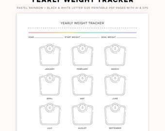 Yearly Weight Tracker - Minimal Pastel Rainbow + Black & White Digital PDF Printables | Customizable Templates for Personal + Commercial Use