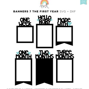 Bannières 7 - Première année de bébé 1-12 mois + semaines Modèles de photos 256 SVG DXF + ai eps png matrices de découpe numérique bunting fanion imprimables