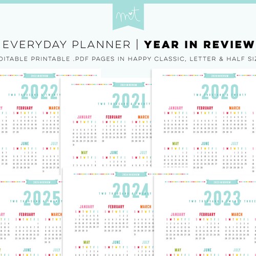 20202025 Year in Review Calendars EDITABLE Everyday Planner Etsy