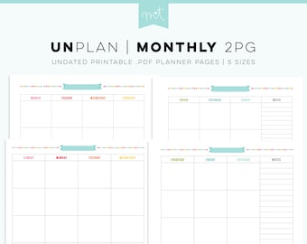 UNplan Monthly 2PG - Undated Everyday Planner Page Printables PDF - 5 Sizes - digital calendars download colorful minimal fun organizing