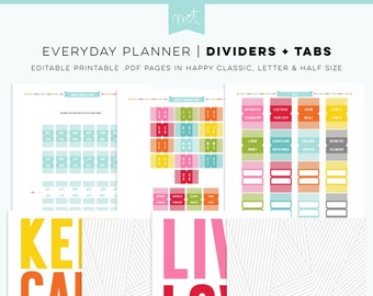 Dividers + Tabs EDITABLE Everyday Planner Pages Happy Classic, Letter & Half Size + Free Font PDF Printables Inserts